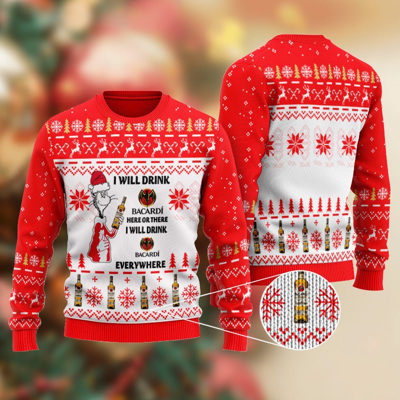 Bacardi Cat Hat Will Drink Everywhere Ugly Sweater - WeCustomit
