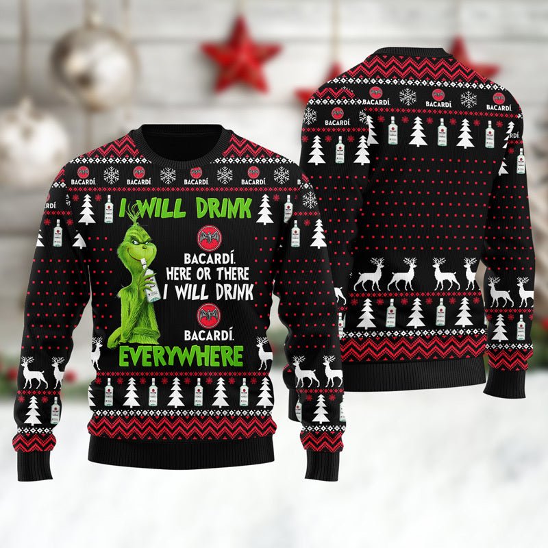Bacardi Grinch Will Drink Everywhere Ugly Sweater - WeCustomit