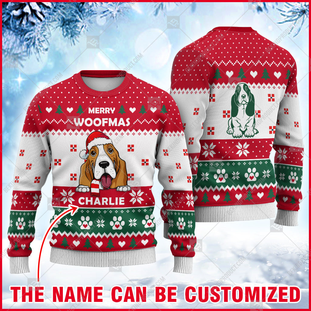 Basset Hound Dog Christmas Paw Heart Print Ugly Sweater Christmas Print Sweatshirt - Personalized Custom - Best Gift For Noel - WeCustomit