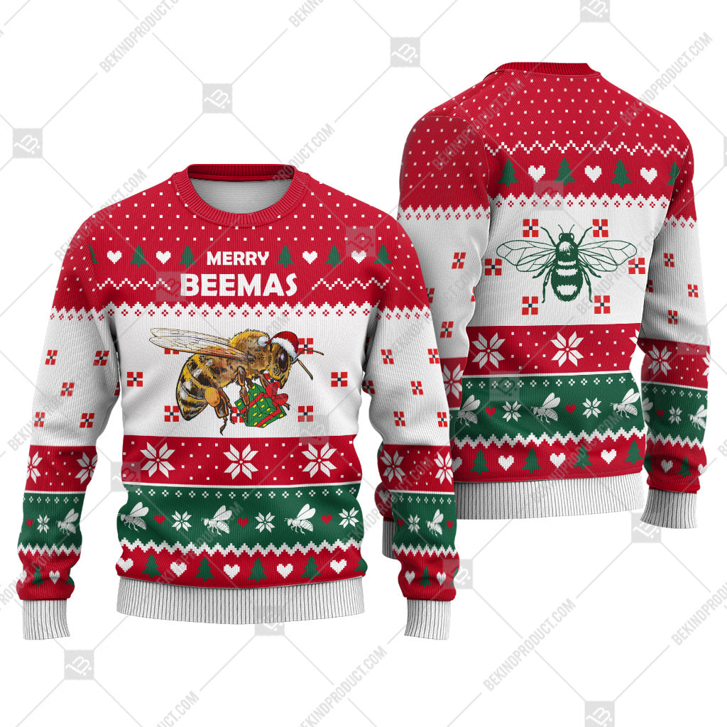 Bee Christmas Heart Print Ugly Christmas Sweater Print Sweatshirt - Best Gift For Christmas, Noel - WeCustomit