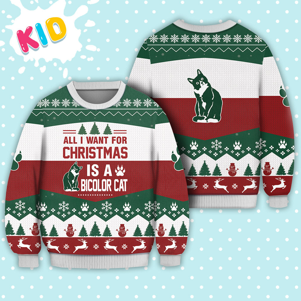 Bicolor Cat All I Want For Christmas Sweater Christmas Knitted Print Sweatshirt - Best Gift For Christmas, Noel - Christmas Signature - WeCustomit