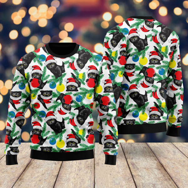 Black Cat With Xmas Balls Ugly Christmas Sweater For Men & Women Christmas Gift Sweater US1678 - WeCustomit