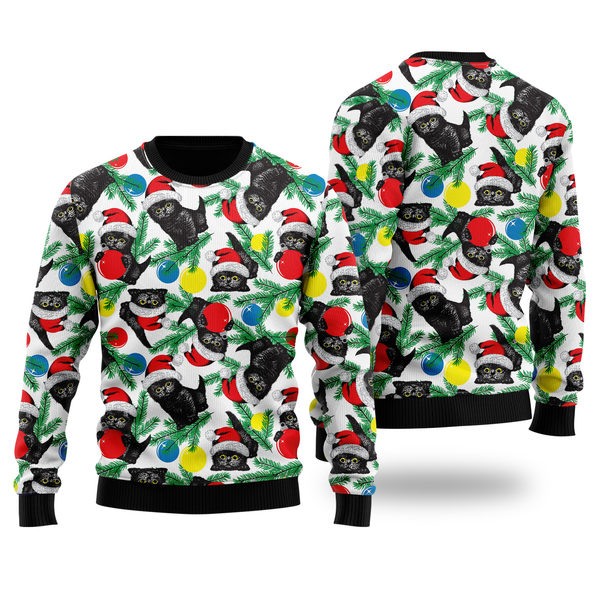Black Cat With Xmas Balls Ugly Christmas Sweater For Men & Women Christmas Gift Sweater US1678 - WeCustomit