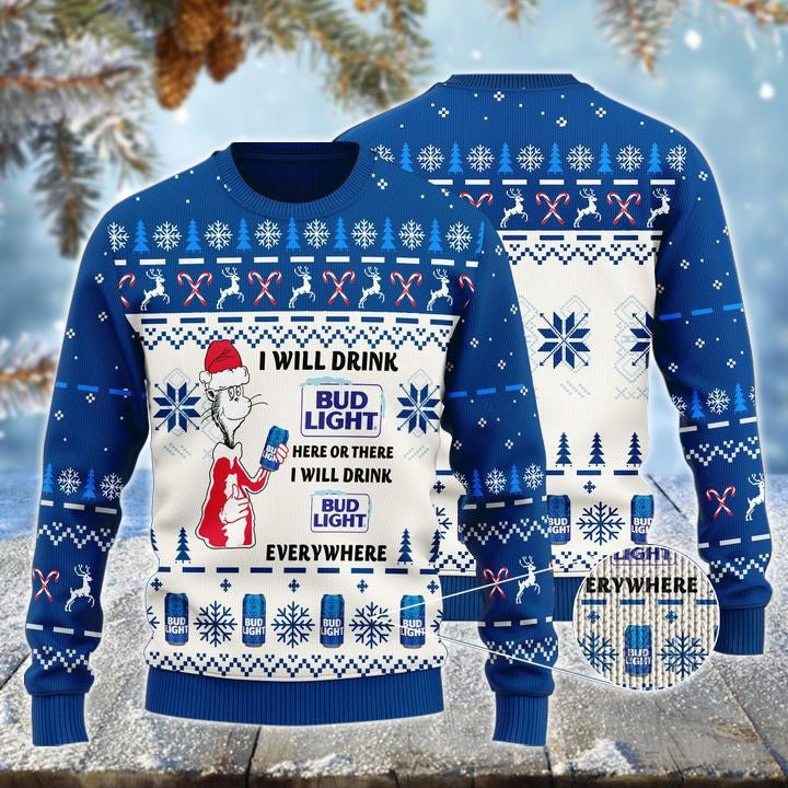 Bud Light Cat Hat Will Drink Everywhere Ugly Sweater - WeCustomit