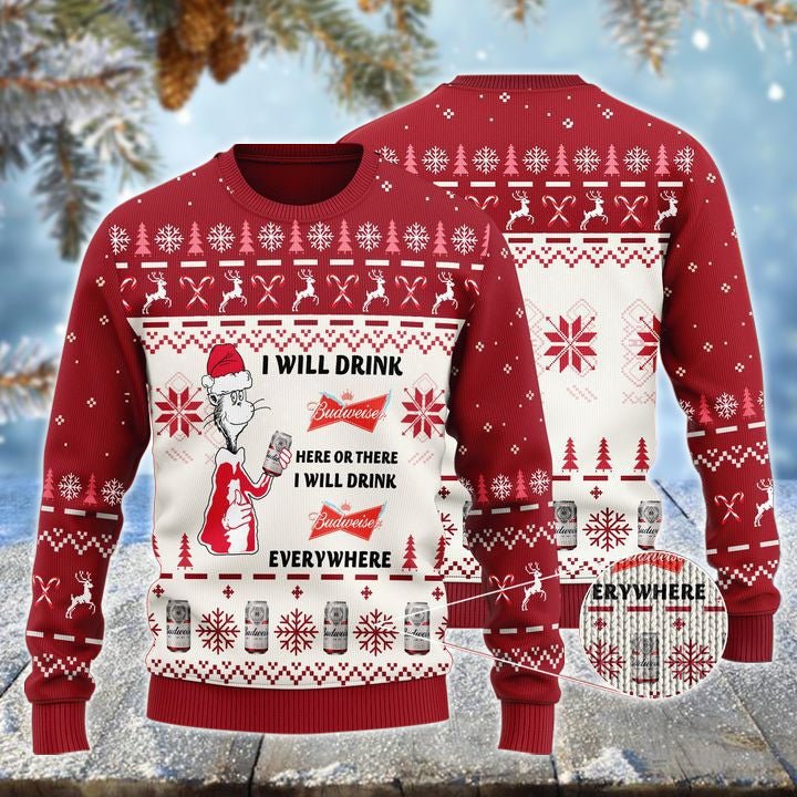 Budweiser Cat Hat Will Drink Everywhere Ugly Sweater - WeCustomit