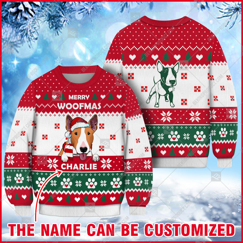 Bull Terriers Dog Christmas Paw Heart Print Ugly Sweater Christmas Knitted Print Sweatshirt - Personalized Custom - Best Gift For Christmas, Noel - WeCustomit