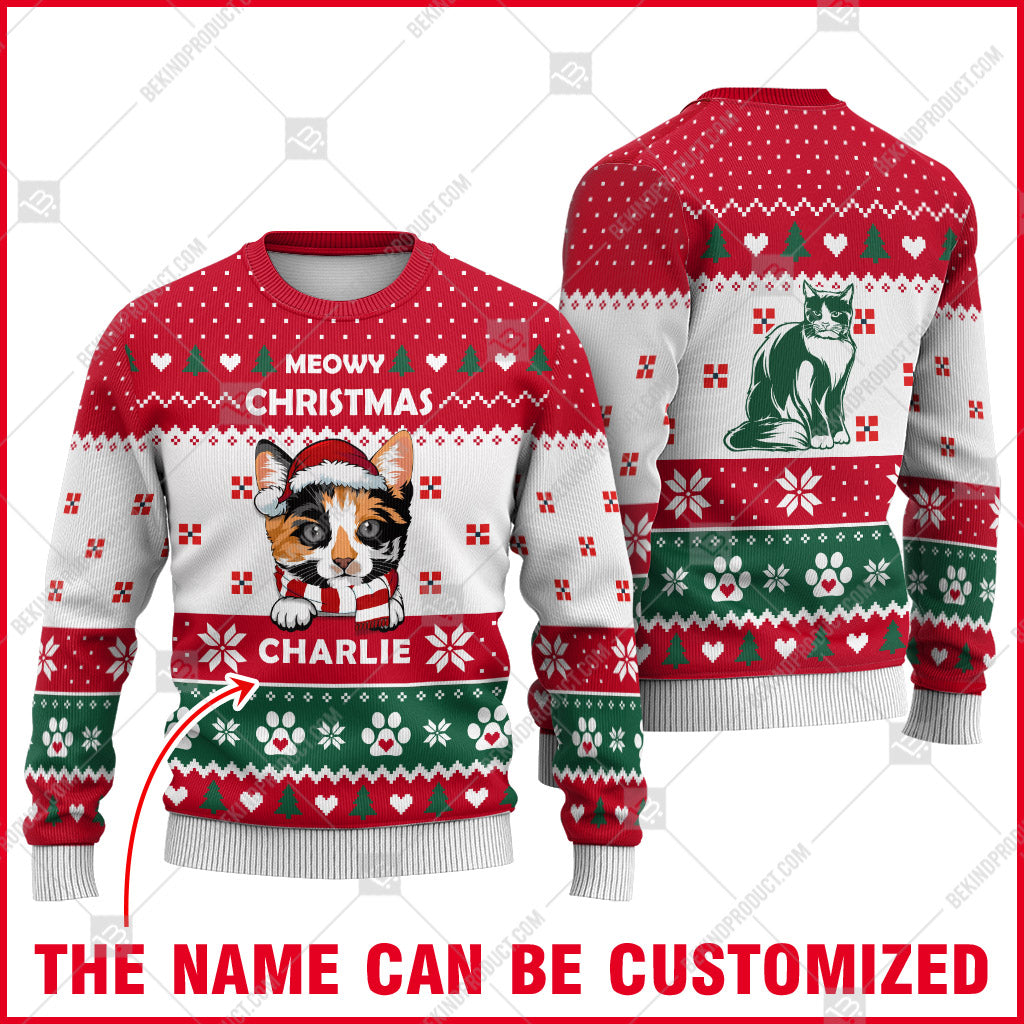 Calico Cat Christmas Paw Heart Print Ugly Christmas Sweater Print Sweatshirt - Personalized Custom - Best Gift For Noel - WeCustomit