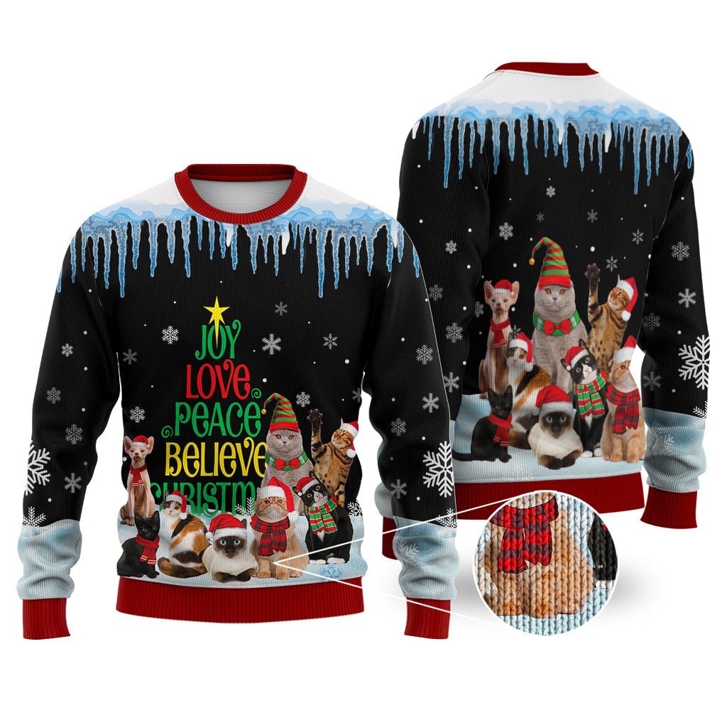 Cat Joy Love Peace Believe Christmas Sweater Christmas Knitted Print Sweatshirt - Best Gift For Christmas, Noel - WeCustomit