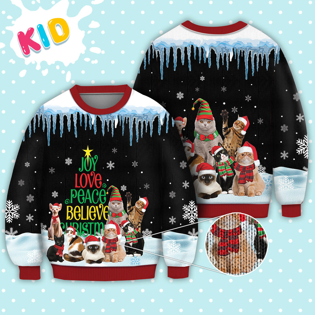 Cat Joy Love Peace Believe Christmas Sweater Christmas Knitted Print Sweatshirt - Best Gift For Christmas, Noel - WeCustomit