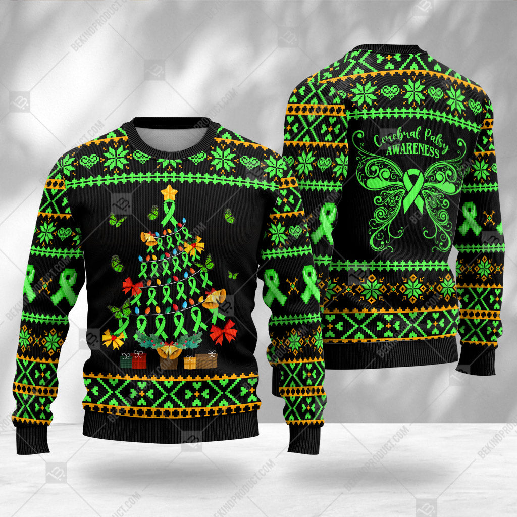 Cerebral Palsy Awareness Sweater Ribbon Ugly Christmas Tree Gift Box Sweater Christmas Knitted Print Sweatshirt - Best Gift For Noel - WeCustomit