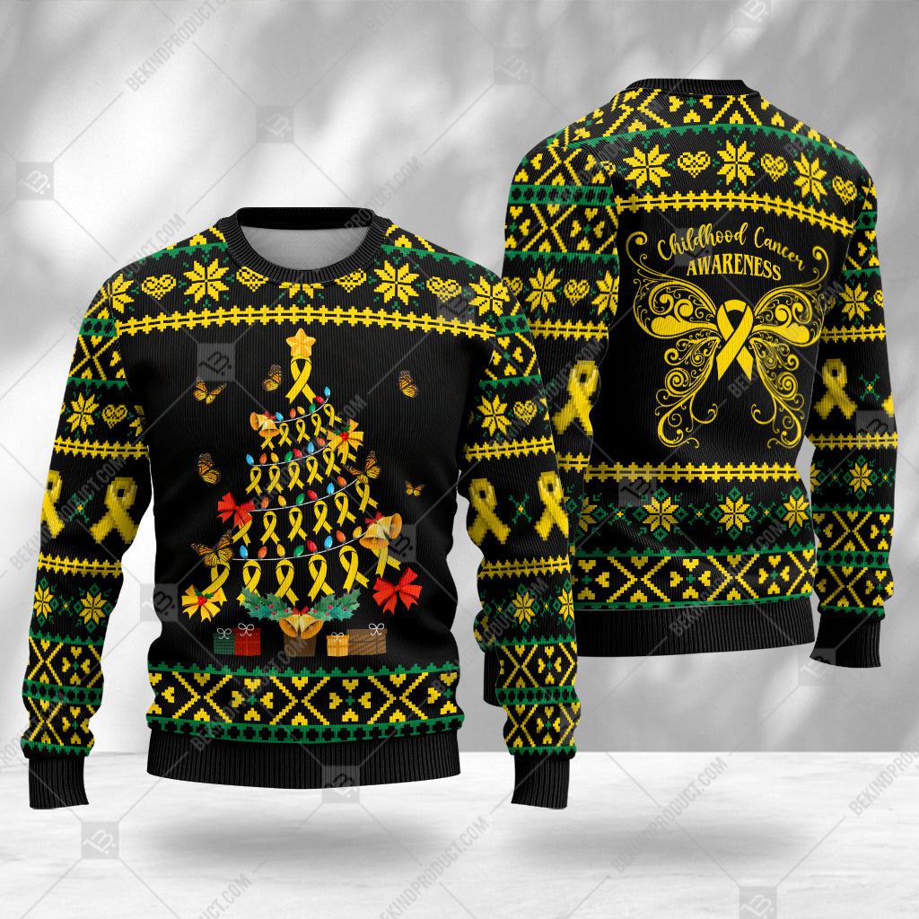 Childhood Cancer Awareness Sweater Ribbon Ugly Christmas Tree Gift Box Sweater Christmas Knitted Print Sweatshirt - Best Gift For Noel - WeCustomit