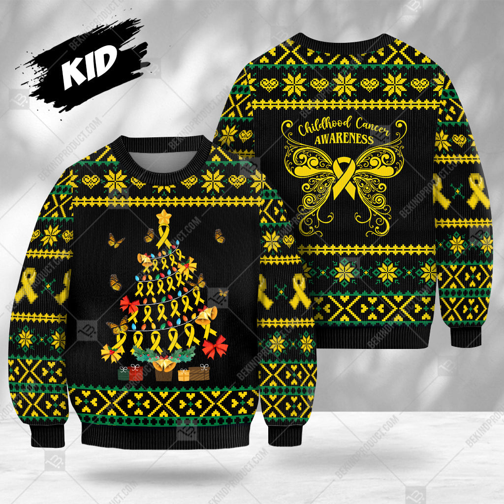 Childhood Cancer Awareness Sweater Ribbon Ugly Christmas Tree Gift Box Sweater Christmas Knitted Print Sweatshirt - Best Gift For Noel - WeCustomit