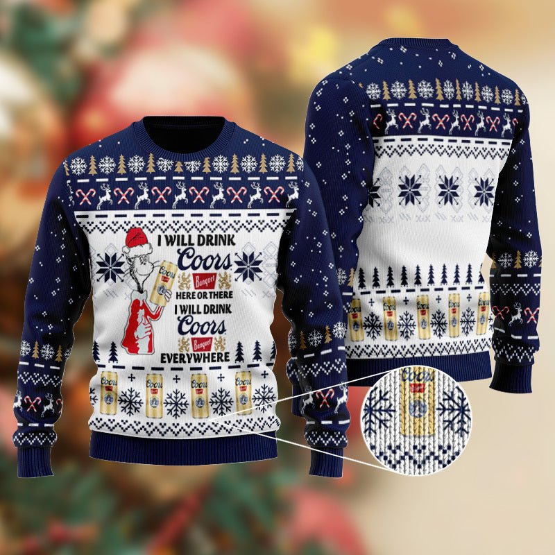 Coors Banquet Cat Hat Will Drink Everywhere Ugly Sweater - WeCustomit