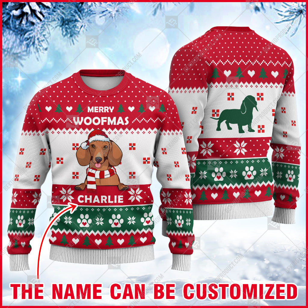 Dachshund Dog Christmas Paw Heart Print Ugly Sweater Christmas Knitted Print Sweatshirt - Personalized Custom - Best Gift For Christmas, Noel - WeCustomit