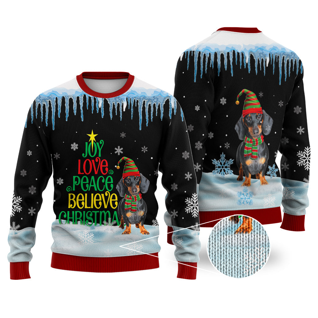 Dachshund Dog Joy Love Peace Believe Christmas Sweater Christmas Knitted Print Sweatshirt - Best Gift For Christmas, Noel - WeCustomit