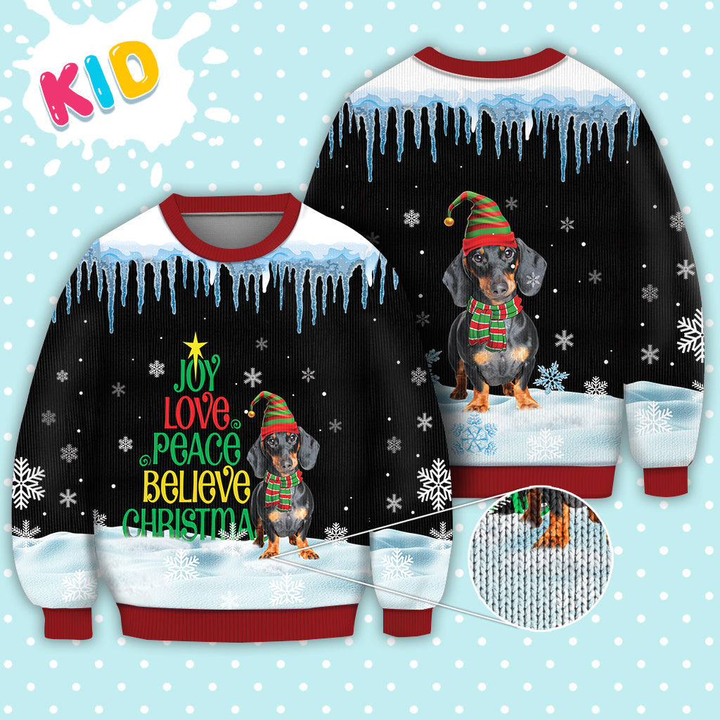 Dachshund Dog Joy Love Peace Believe Christmas Sweater Christmas Knitted Print Sweatshirt - Best Gift For Christmas, Noel - WeCustomit