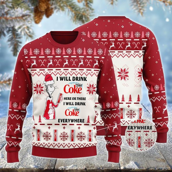 Diet Coke Cat Hat Will Drink Everywhere Ugly Sweater - WeCustomit