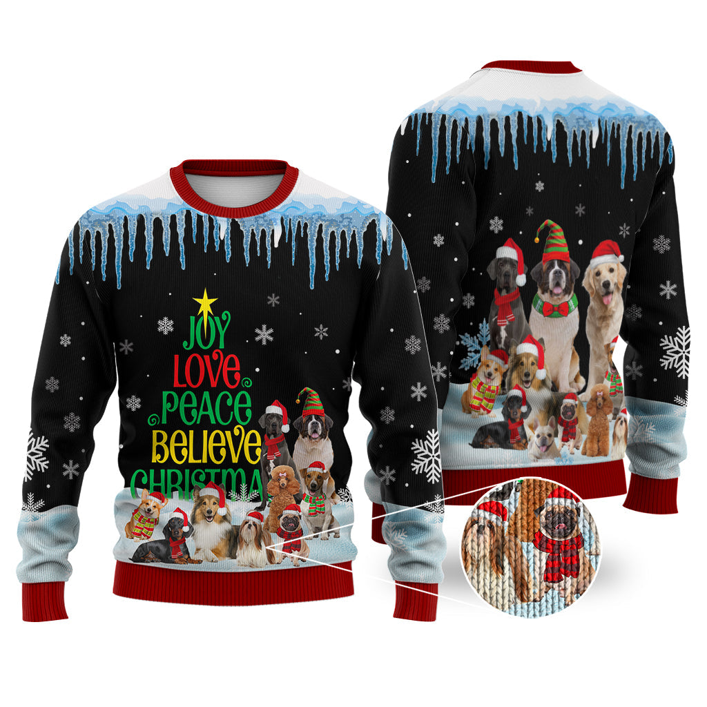 Dog Joy Love Peace Believe Christmas Sweater Christmas Knitted Print Sweatshirt - Best Gift For Christmas, Noel - WeCustomit