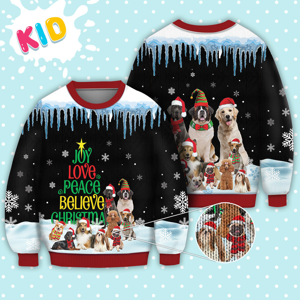 Dog Joy Love Peace Believe Christmas Sweater Christmas Knitted Print Sweatshirt - Best Gift For Christmas, Noel - WeCustomit