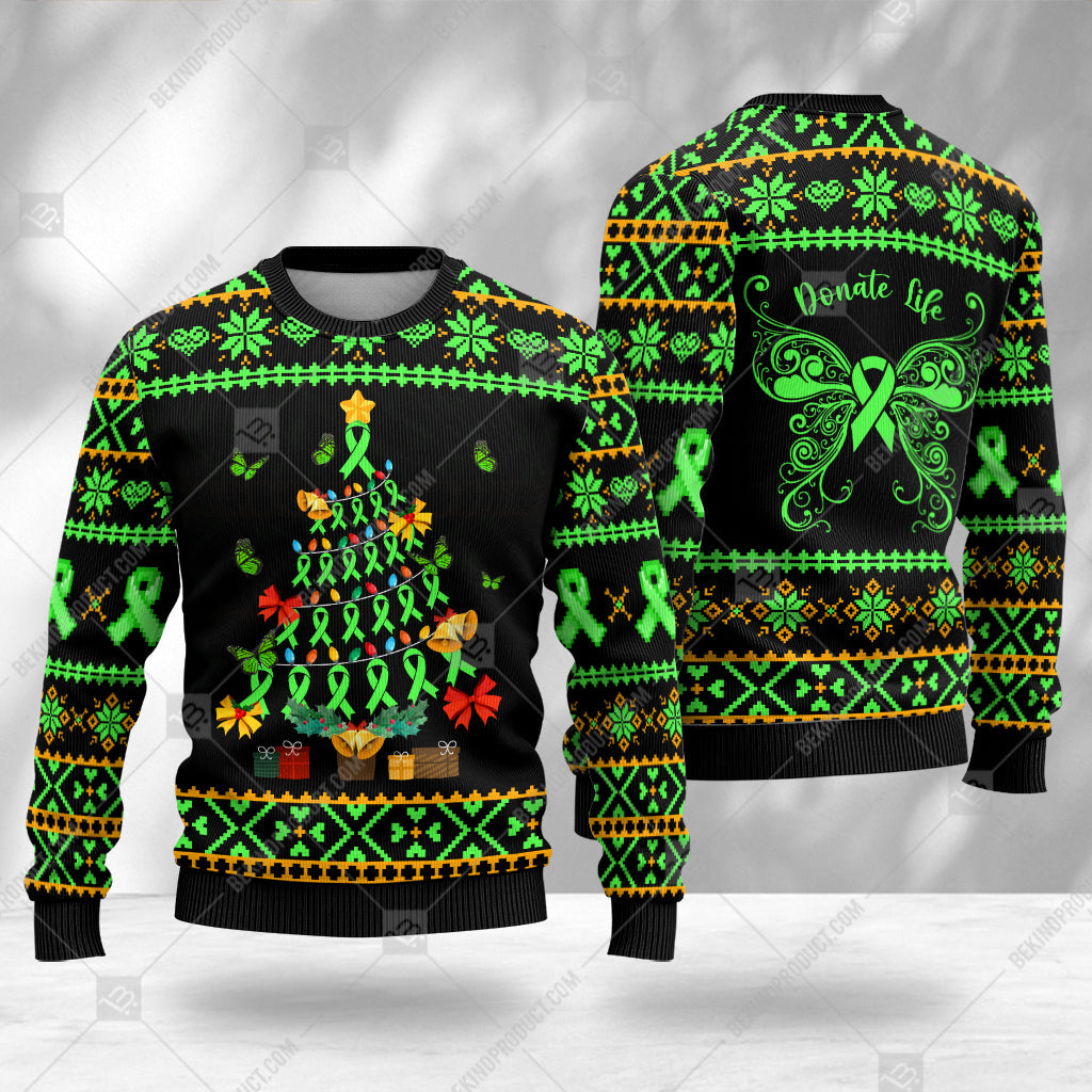 Donate Life Sweater Ribbon Ugly Christmas Tree Gift Box Sweater Christmas Knitted Print Sweatshirt - Best Gift For Noel - WeCustomit
