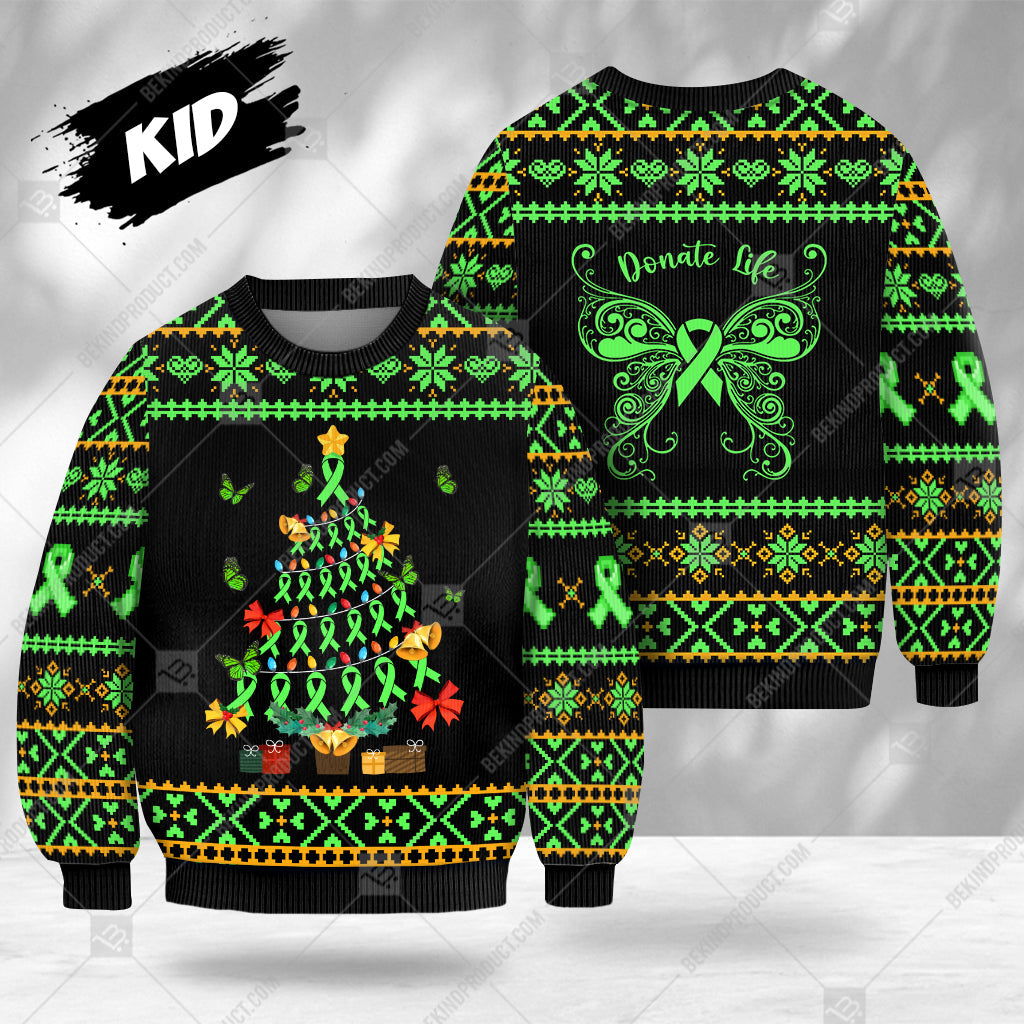 Donate Life Sweater Ribbon Ugly Christmas Tree Gift Box Sweater Christmas Knitted Print Sweatshirt - Best Gift For Noel - WeCustomit