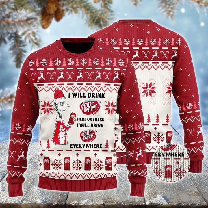 Dr Pepper Cat Hat Will Drink Everywhere Ugly Sweater - WeCustomit
