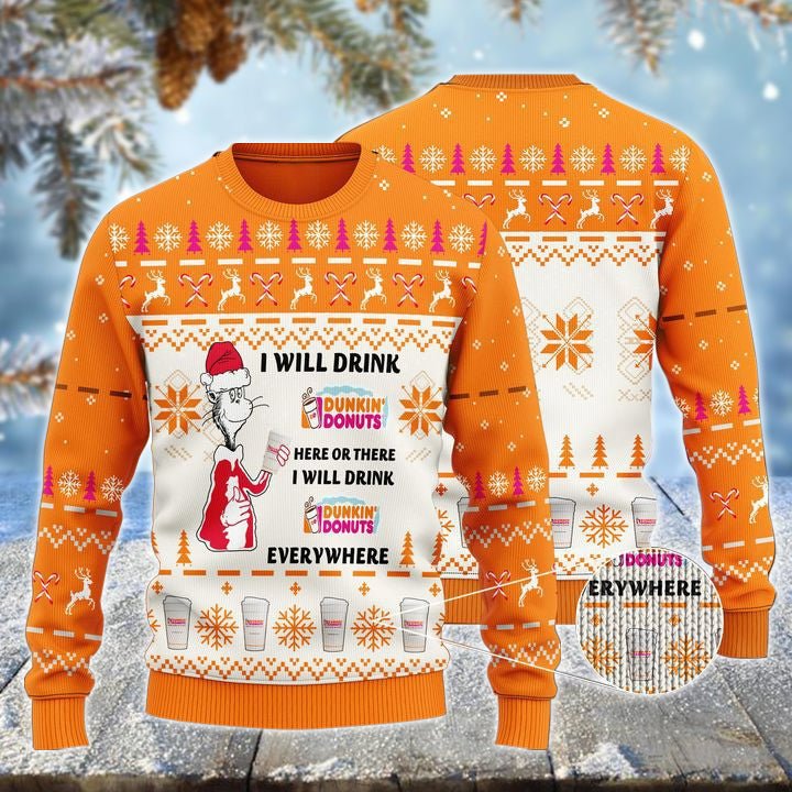 Dunkin Donuts Cat Hat Will Drink Everywhere Ugly Sweater - WeCustomit
