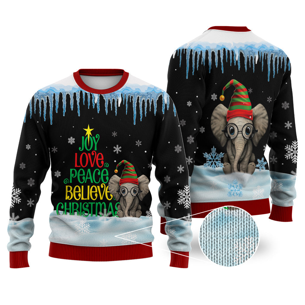 Elephant Joy Love Peace Believe Christmas Sweater Christmas Knitted Print Sweatshirt - Best Gift For Christmas, Noel - WeCustomit