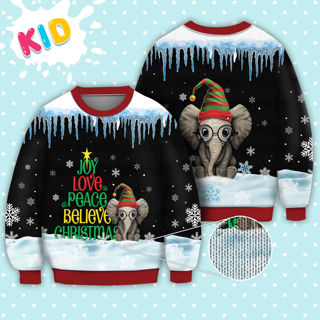 Elephant Joy Love Peace Believe Christmas Sweater Christmas Knitted Print Sweatshirt - Best Gift For Christmas, Noel - WeCustomit