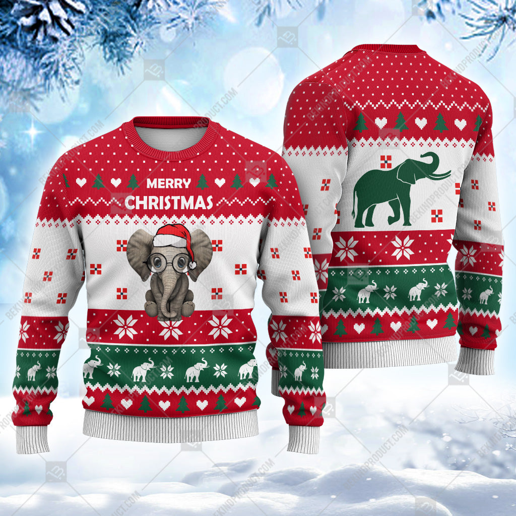 Elephant Christmas Heart Print Ugly Sweater Christmas Knitted Print Sweatshirt - Personalized Custom - Best Gift For Christmas, Noel - WeCustomit