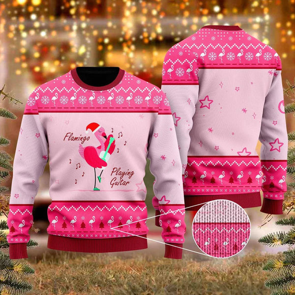 Flamingo Playing Guitar Christmas Ugly Christmas Sweater For Men & Women Christmas Gift Sweater US1346 - WeCustomit
