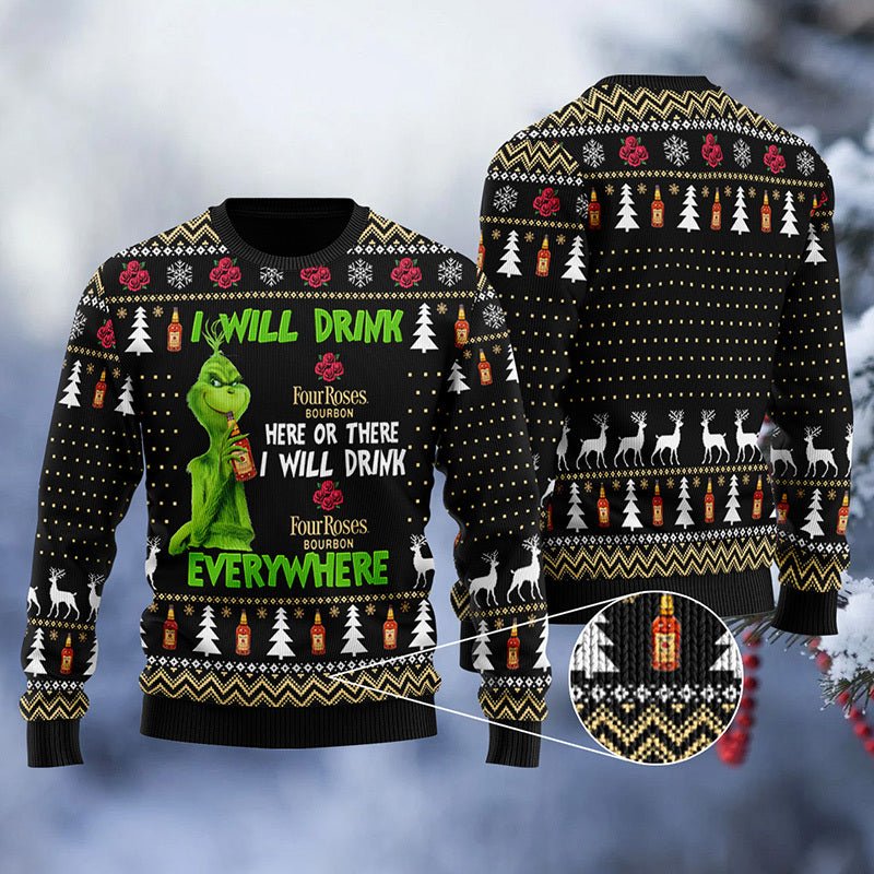 Four Roses Grinch Will Drink Everywhere Ugly Sweater - WeCustomit