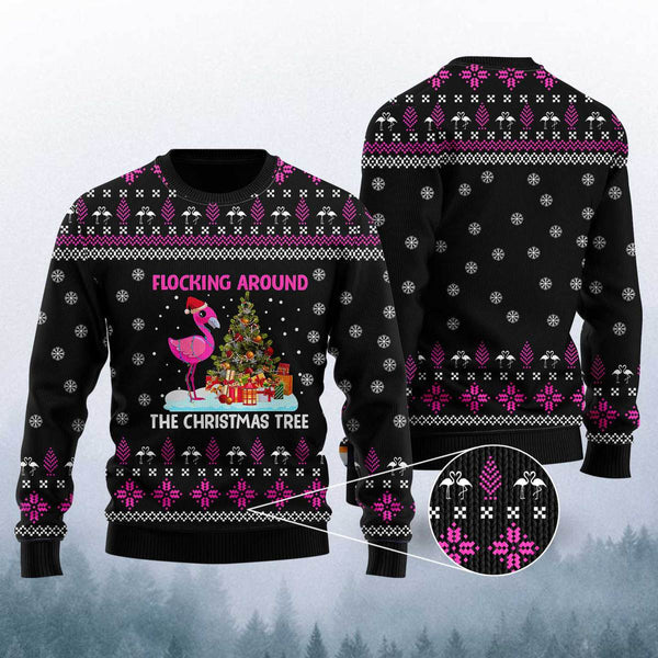 Funny Flamingo Flocking Around The Christmas Tree Ugly Christmas Sweater For Men & Women Christmas Gift Sweater US1354 - WeCustomit