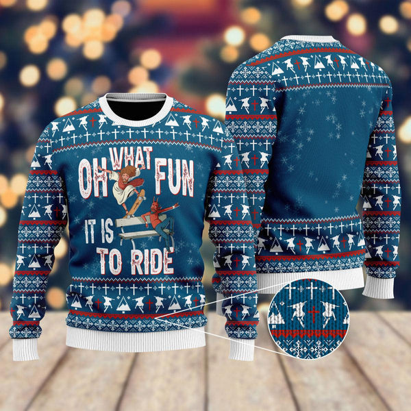 Funny Jesus Ride Skateboarding With Satan Ugly Christmas Sweater For Men & Women Christmas Gift Sweater US2341 - WeCustomit