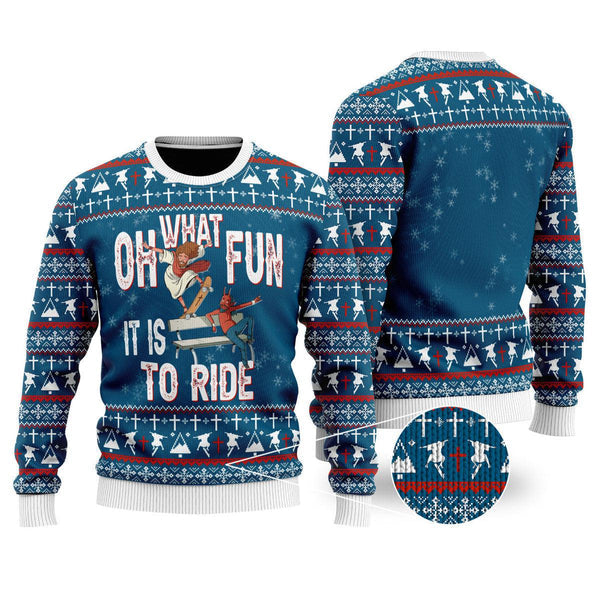Funny Jesus Ride Skateboarding With Satan Ugly Christmas Sweater For Men & Women Christmas Gift Sweater US2341 - WeCustomit
