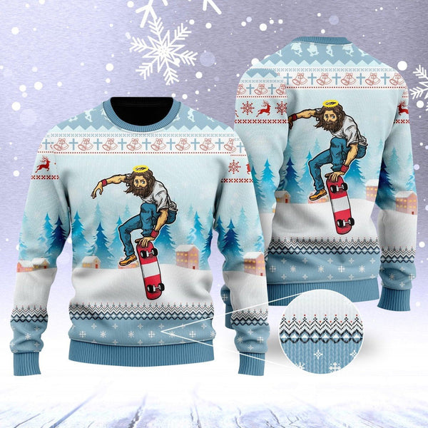 Funny Jesus Skateboarding Christmas Ugly Christmas Sweater For Men & Women Christmas Gift Sweater US1079 - WeCustomit