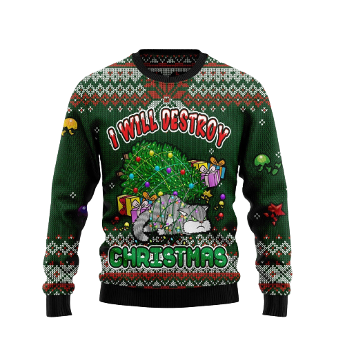 Funny Cat I Will Destroy Christmas Snowflower Ugly Christmas Sweater For Men & Women Christmas Gift Sweater US1208 - WeCustomit