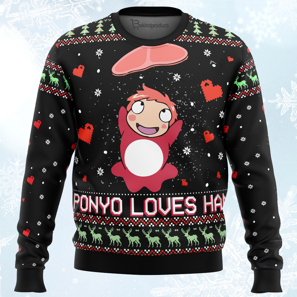 Ponyo Loves Ham Ugly Christmas Sweater For Men & Women Christmas Gift Sweater PT091 - WeCustomit