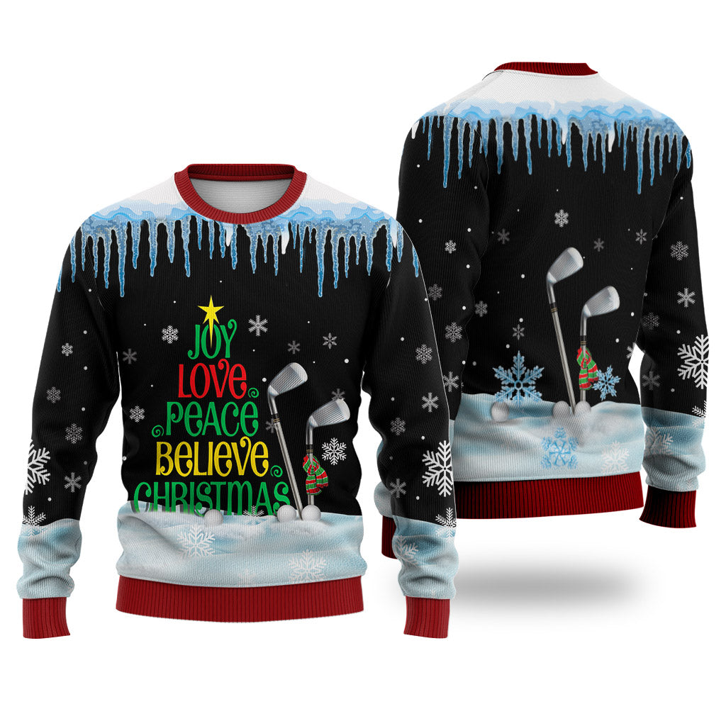 Golf Joy Love Peace Believe Christmas Sweater Christmas Knitted Print Sweatshirt - Best Gift For Christmas, Noel - WeCustomit