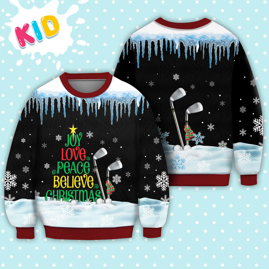 Golf Joy Love Peace Believe Christmas Sweater Christmas Knitted Print Sweatshirt - Best Gift For Christmas, Noel - WeCustomit
