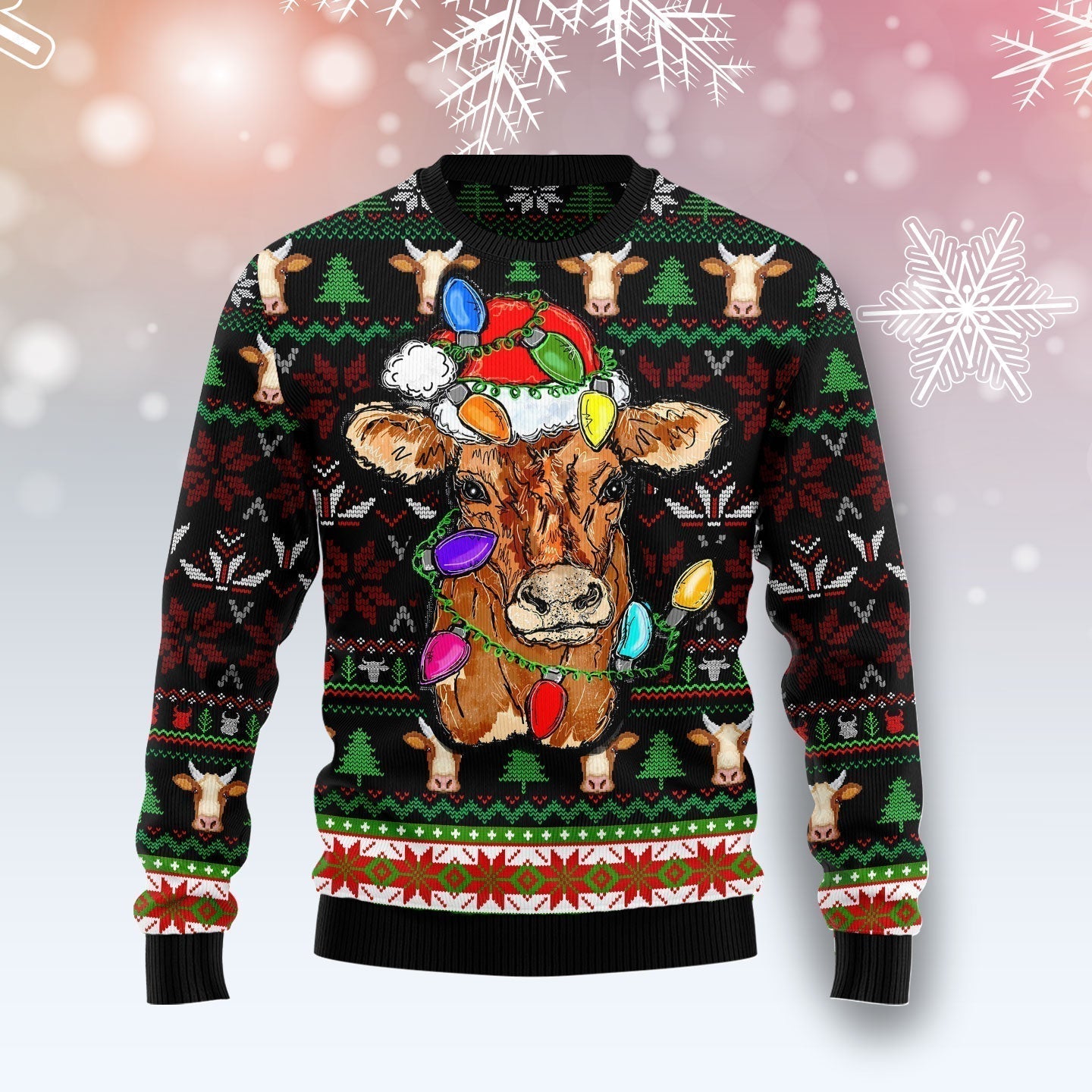 Cow with Santa hat and christmas lights Ugly Christmas Sweater For Men & Women Christmas Gift Sweater US1721 - WeCustomit
