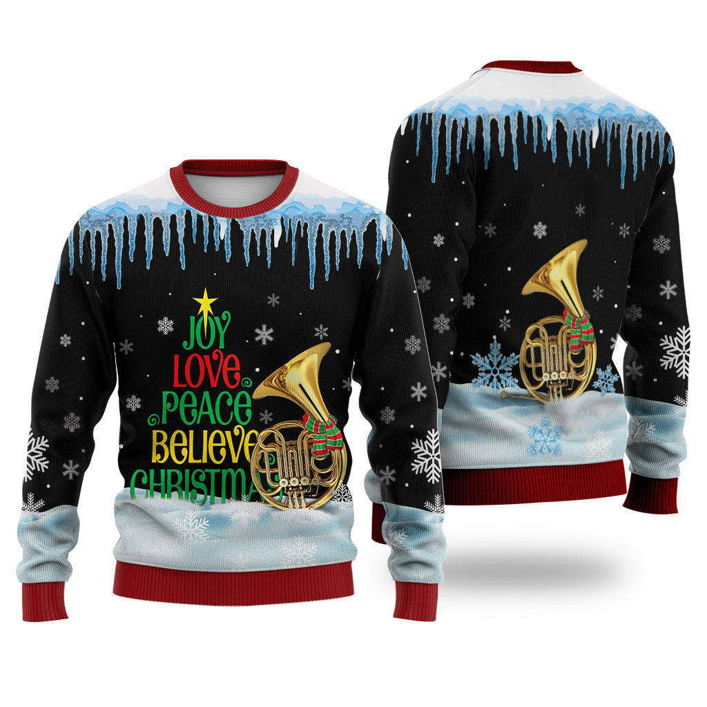 Horn Joy Love Peace Believe Christmas Sweater Christmas Knitted Print Sweatshirt - Best Gift For Christmas, Noel - WeCustomit