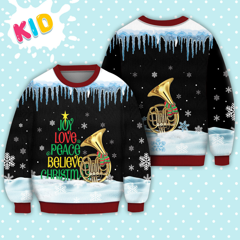 Horn Joy Love Peace Believe Christmas Sweater Christmas Knitted Print Sweatshirt - Best Gift For Christmas, Noel - WeCustomit