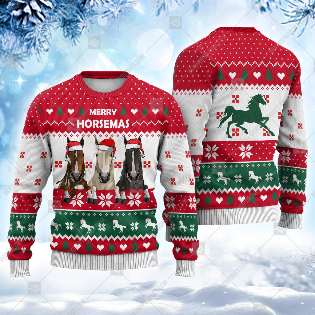 Horse Christmas Heart Print Ugly Sweater Christmas Knitted Print Sweatshirt - Personalized Custom - Best Gift For Christmas, Noel - WeCustomit