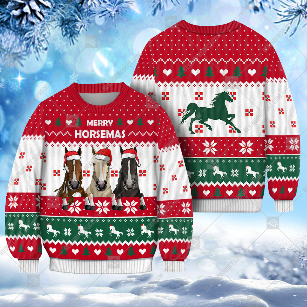 Horse Christmas Heart Print Ugly Sweater Christmas Knitted Print Sweatshirt - Personalized Custom - Best Gift For Christmas, Noel - WeCustomit