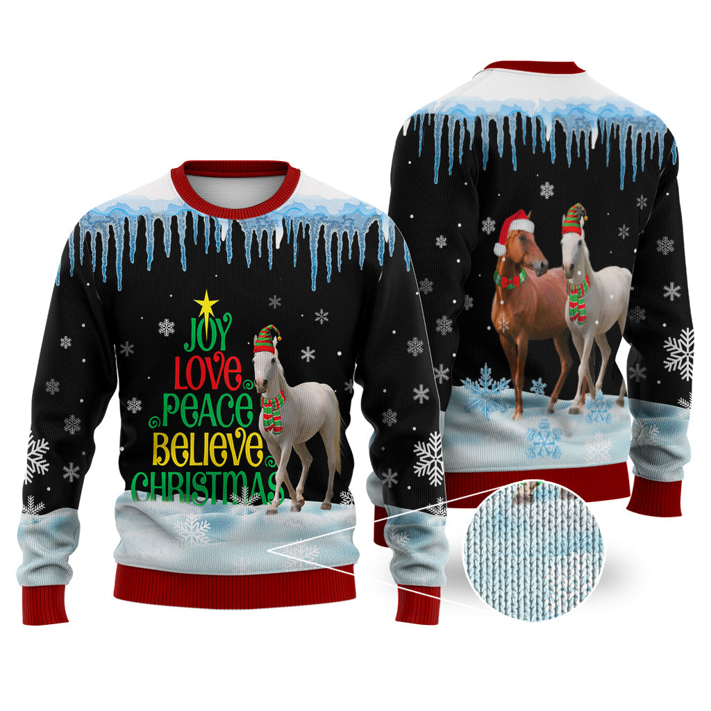 Horse Joy Love Peace Believe Christmas Sweater Christmas Knitted Print Sweatshirt - Best Gift For Christmas, Noel - WeCustomit