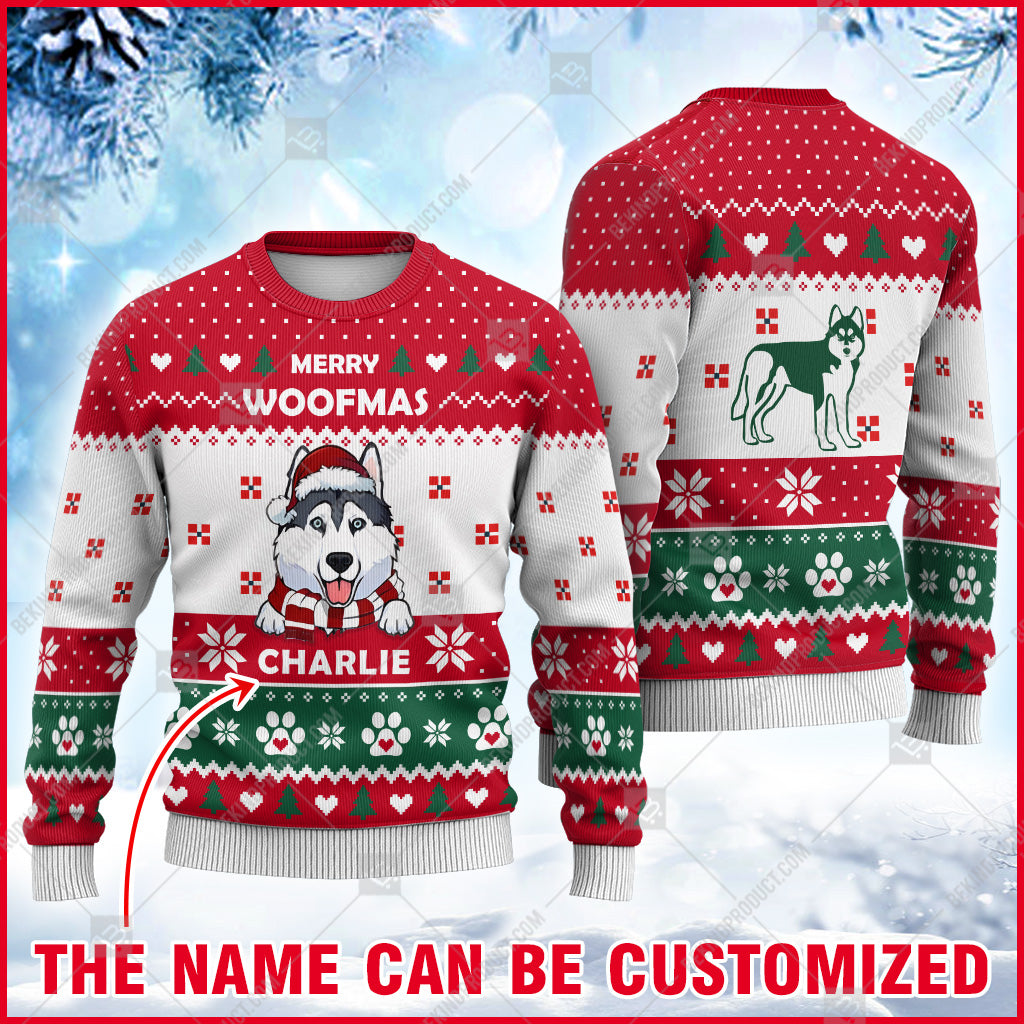 Husky Dog Christmas Paw Heart Print Ugly Sweater Christmas Knitted Print Sweatshirt - Personalized Custom - Best Gift For Christmas, Noel - WeCustomit