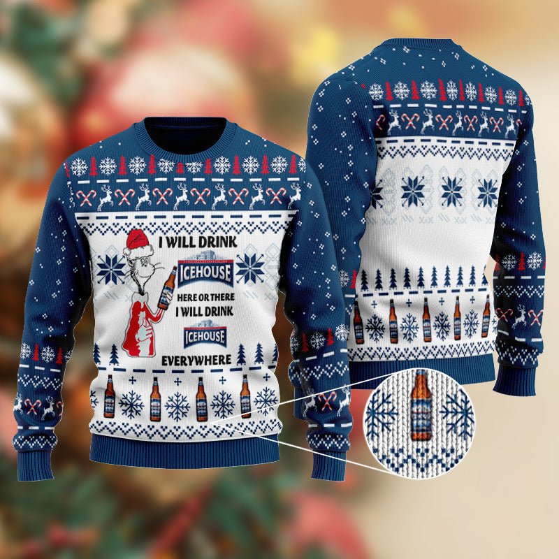 Icehouse Cat Hat Will Drink Everywhere Ugly Sweater - WeCustomit