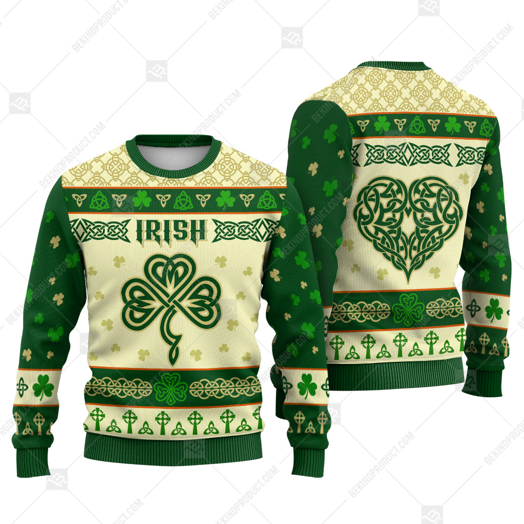 Irish Celtic Shamrock And Heart Sweater Irish Knitted Print Sweatshirt - Irish Gift - WeCustomit