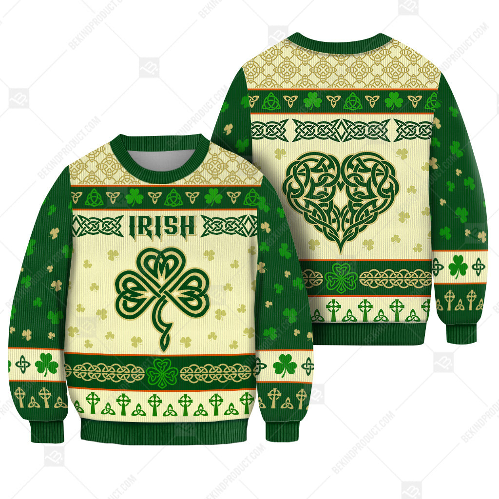 Irish Celtic Shamrock And Heart Sweater Irish Knitted Print Sweatshirt - Irish Gift - WeCustomit